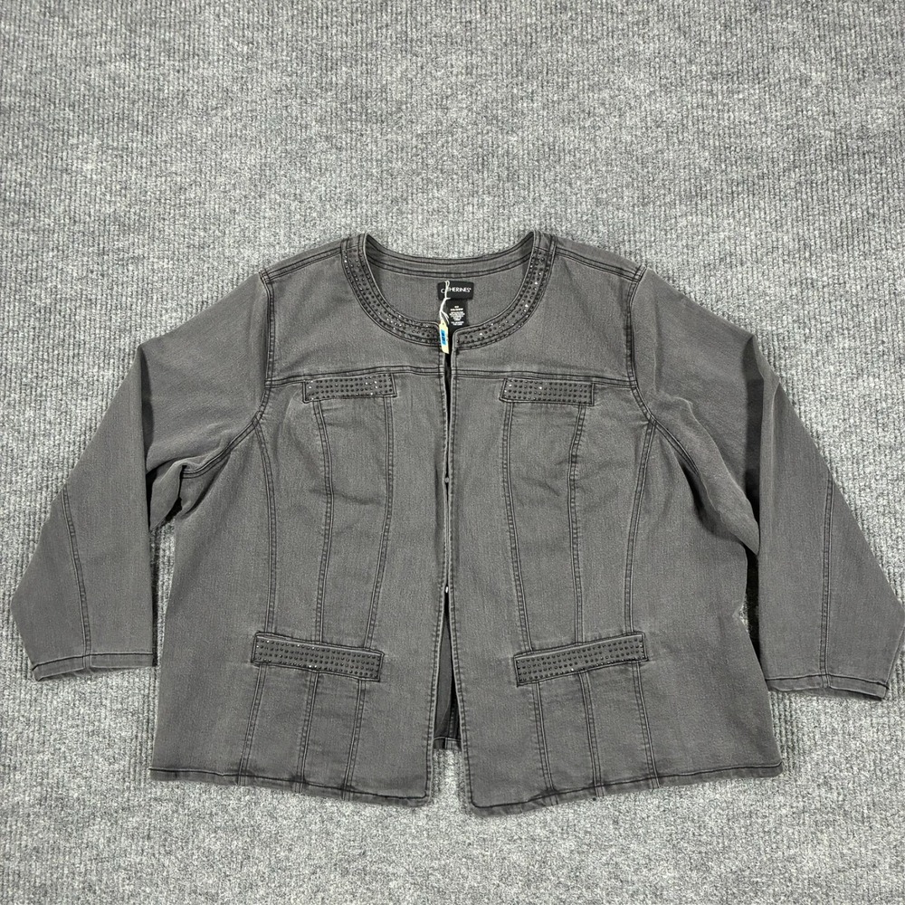 Catherines Womens 3X Gray Studded Denim Jacket Stretch Plus Size Embellished